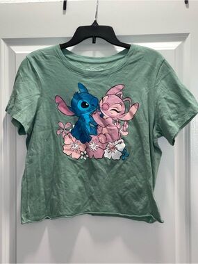 Disney Green Tee with Blue Stitch and Pink Angel Graphic-Size XL